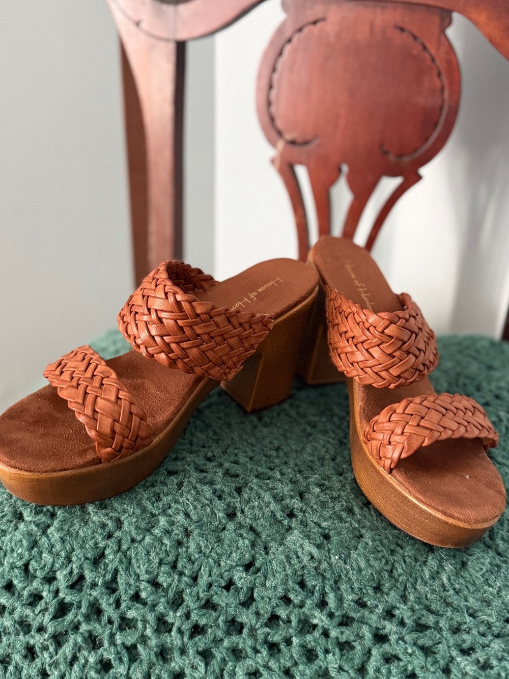 House of Harlow 1960 Braided Platform Slide Heels in Cognac